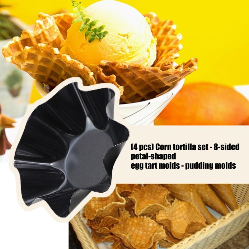 Set of 4 Multifunctional Fluted Flower Shape Cake Pan Carbon Steel Reusable Tortillas Shell Molds for Home Baking