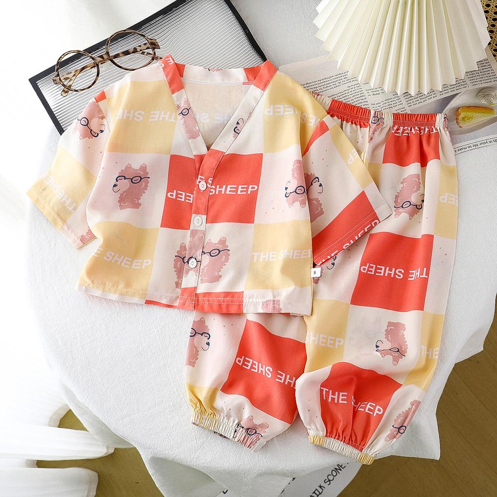 Children's Home Clothes Cotton Silk Set Summer Men's and Women's Pajamas Artificial Cotton Two Piece Set Cotton Silk Air Conditioning Clothes