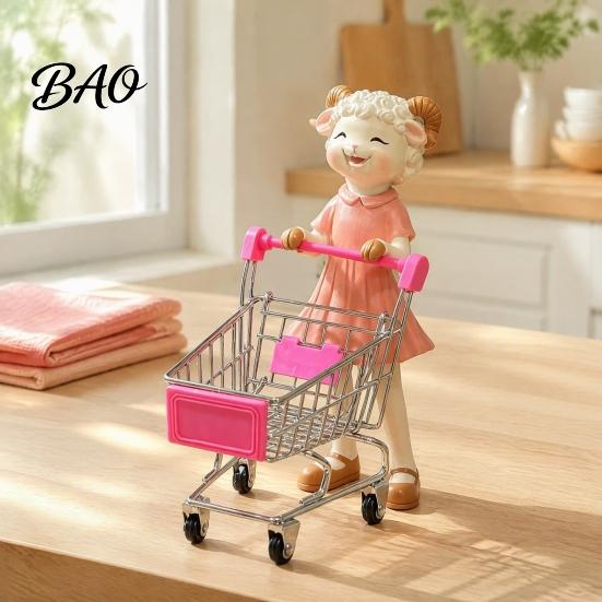 Cute Desktop Storage Solution Cartoon Sheep Shopping Cart Figurine, Mini Grocery Trolley Toy with Lamb, Small Figurine Wheels Desk Decor for