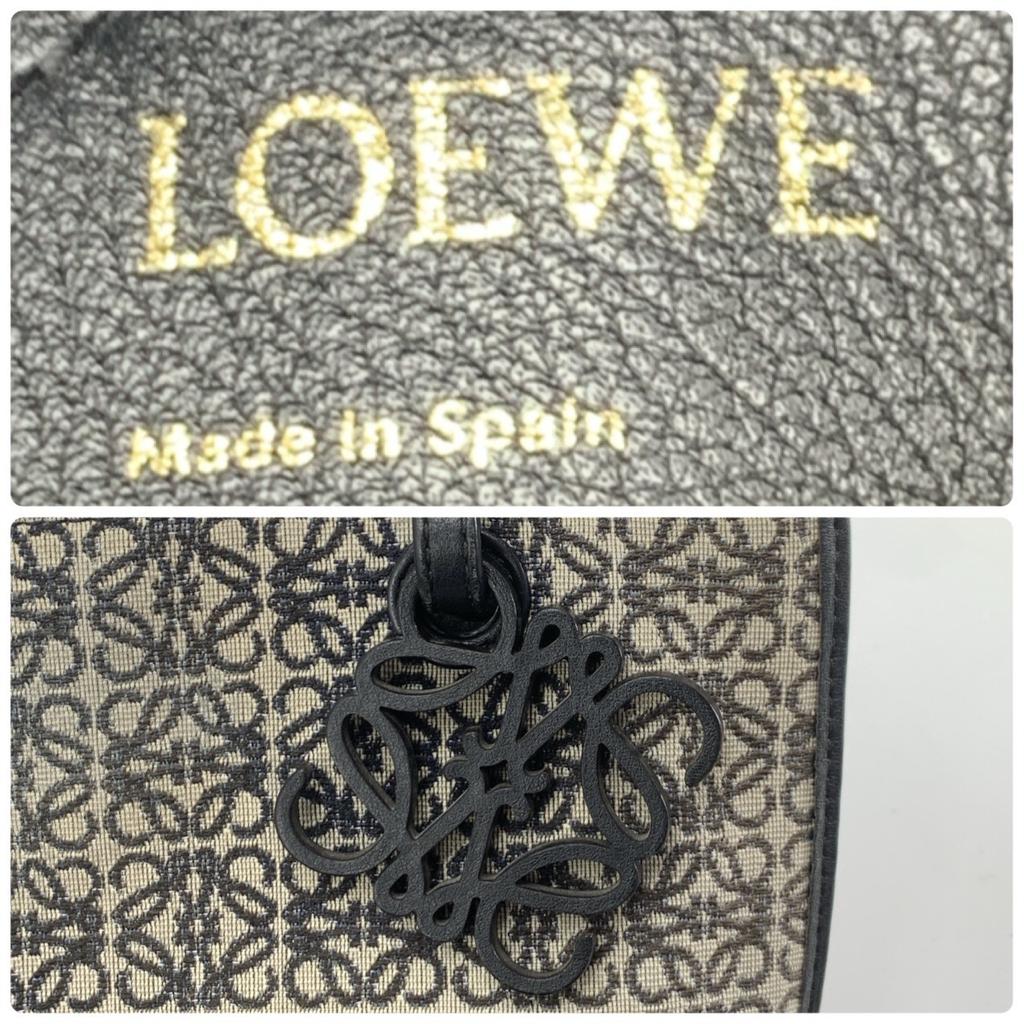 LOEWE Repeat Anagram Jacquard Square Tote Shoulder Bag Canvas Calf Leather Navy Blue Black