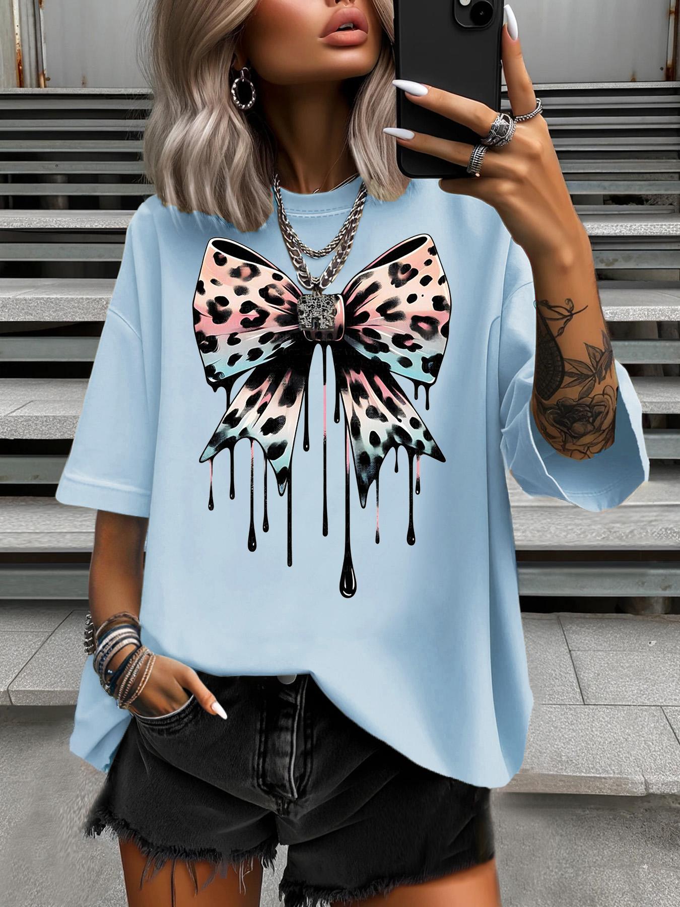 Fashion Bowknot Printed Summer Women s Plus Size T-Shirt Women s Casual Soft Crew Tops S