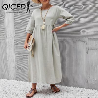 Vestito da donna in lino e cotone con maniche a lanterna, tinta unita e alla moda, tascabile
