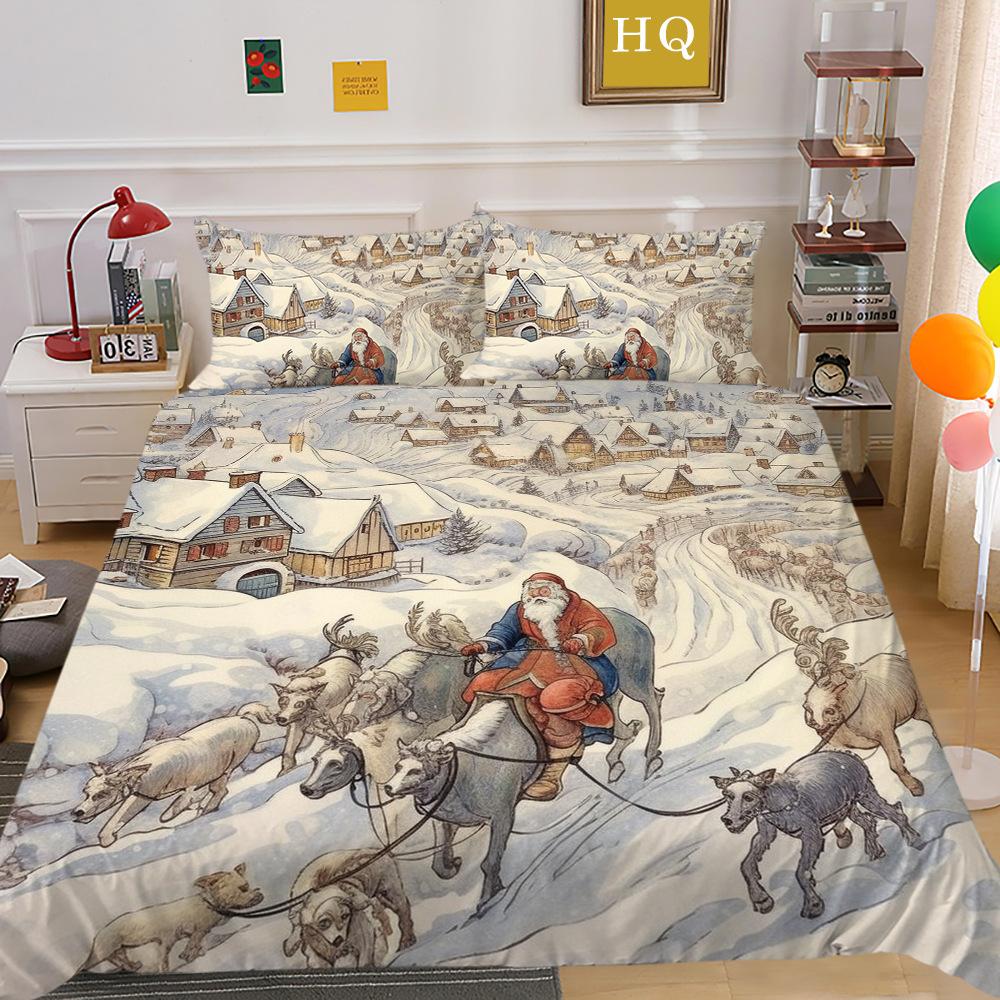 Christmas Carriage Snow Scene 3D Printed Polyester Pillowcase Quilt Cover Two Or Three-Piece Set Can Be