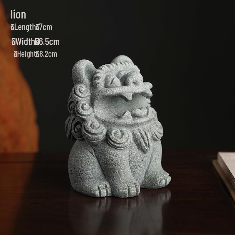 Qilin Green Sandstone Lion Statue Pen Holder Creative Desk Ornament