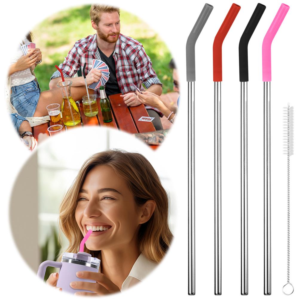 4Pcs Reusable Metal Straws with Silicone Tips Cleaning Brush Stainless Steel Drinking Straw with Covers for Stanley 40oz Tumbler