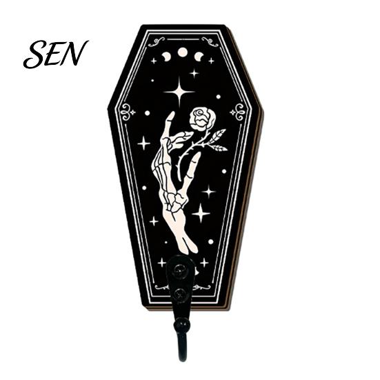 Boho Wall Mounted Rack Halloween Gothic Wooden Hook with Moon Star Skeleton Patterns, Decorative Retro Key Hanger for Entryway Hallway Living