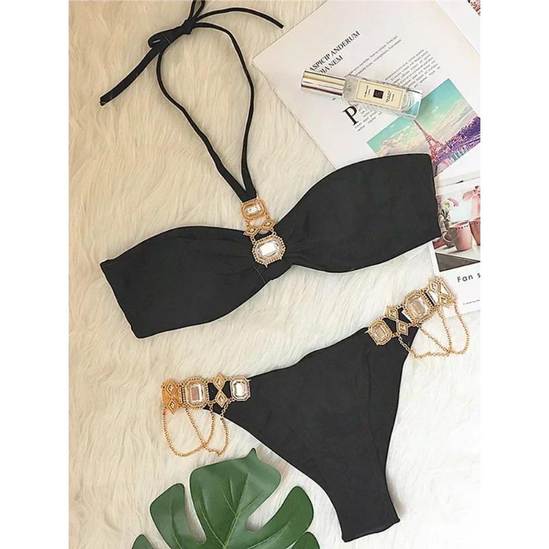 

2025 Shiny Rhinestone Diamond Bikini Women Swimsuit Female Swimwear Two Pieces Bikini Set Halter Metal Chains Bathing Suit Swim L