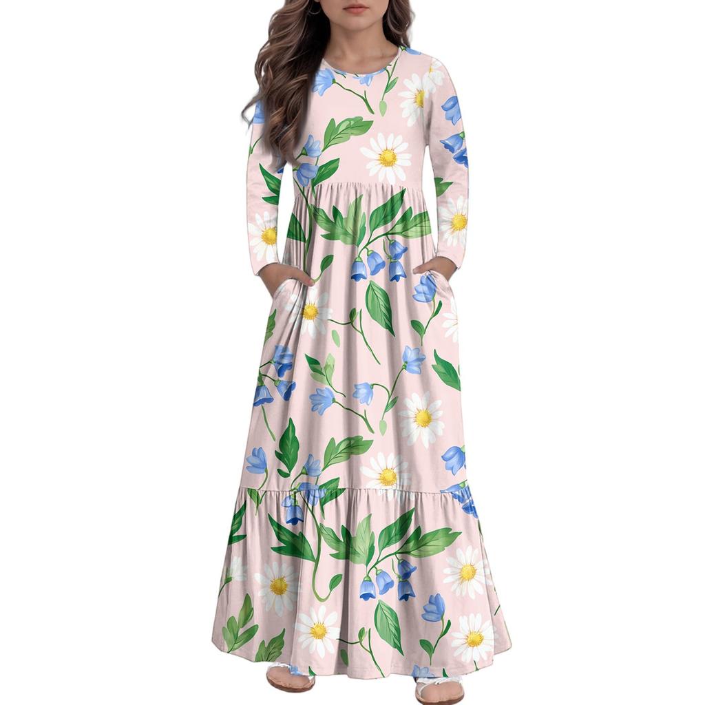 Girls' Maxi Dress Casual Holiday Dresses - Long Sleeve Dress With Pockets For 4-14Y