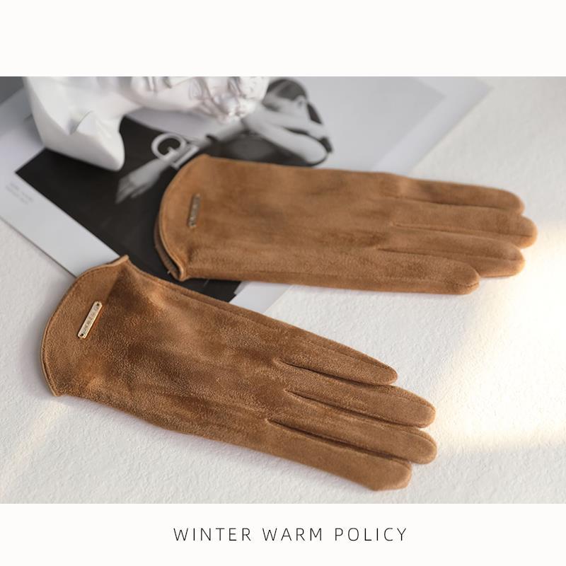 Autumn Winter Fleece Lined Thick Warm Faux Suede Driving Leather Gloves Cycling Versatile Fingerless Women Windproof Touchscreen