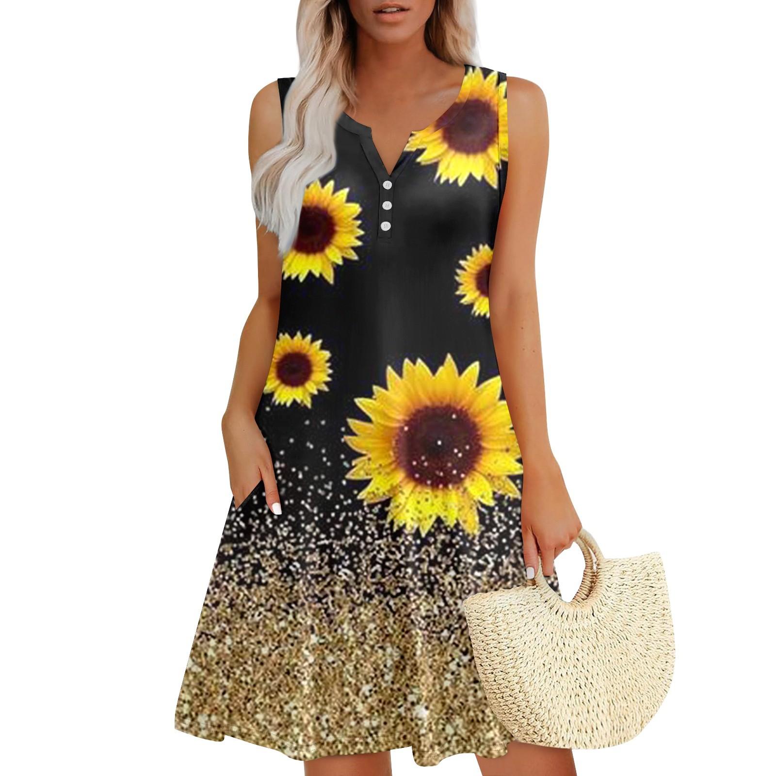 

Женские летние платья Свободные сарафаны без рукавов с V-образным вырезом Платье с карманами XXL золотой