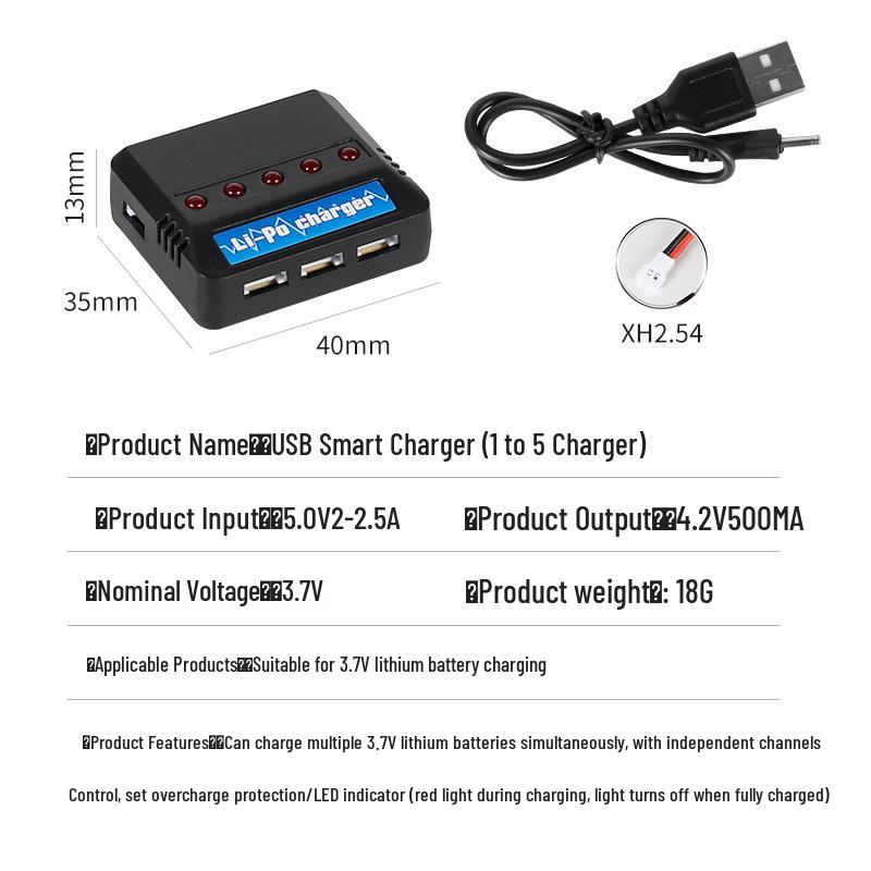 3.7V Lithium Battery Charger with Overcharge Protection, 500mA, 5-Port USB Hub, Indicator Light Included