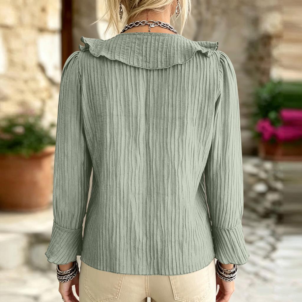 Women's Color V-Neck Ruffle Tie Long Sleeve Blouse Loose Fit Casual Top for Everyday Wear