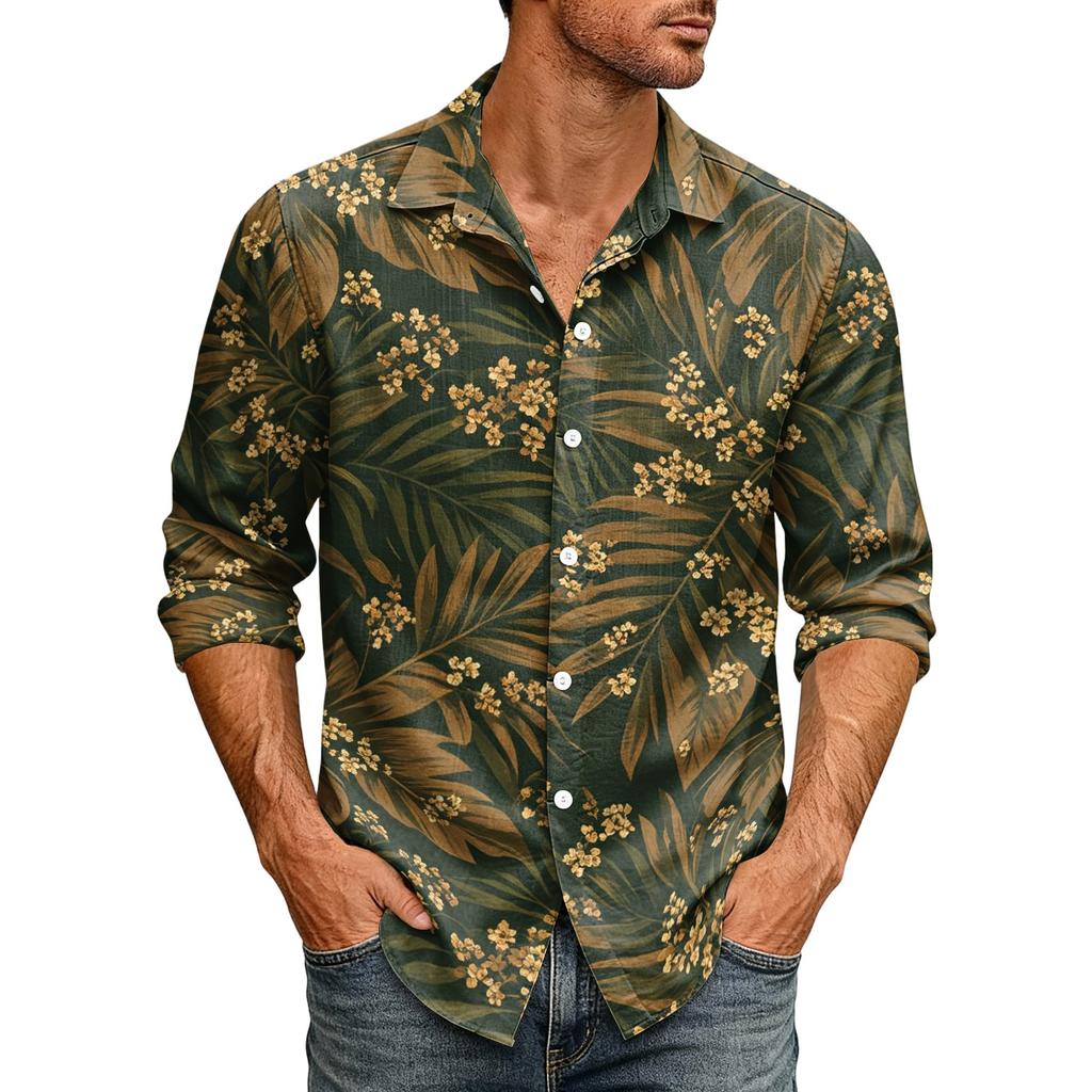 Men's Hawaiian Loose Fit Long Sleeve Button Down Shirt Retro Casual