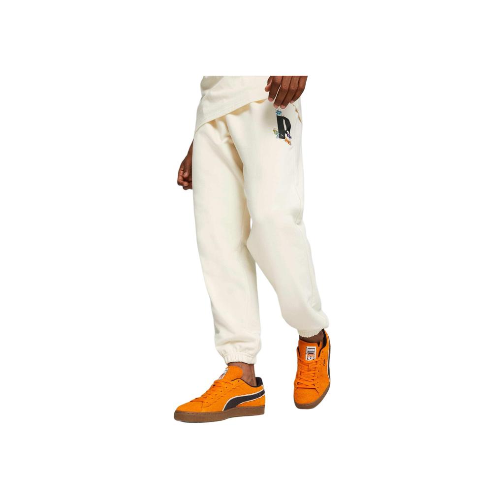 Puma X The Smurfs Collaboration Letter Cartoon Embroidery Lace-Up Elastic Cuffed Knitted Sports Pants Men Pants Beige 622193-99