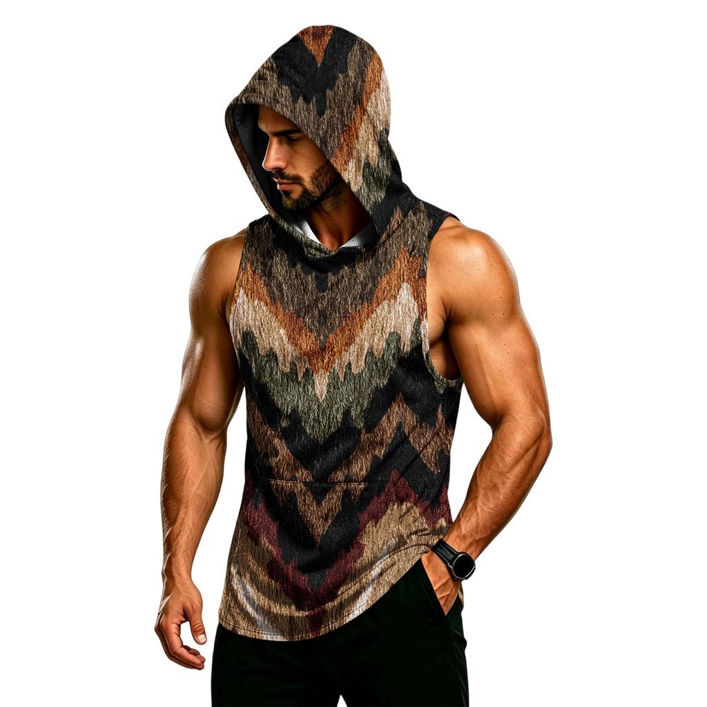 Men’s Hooded Sleeveless Gym Vest Breathable Quick Dry Muscle Fit Workout Tank Top Athletic Pattern