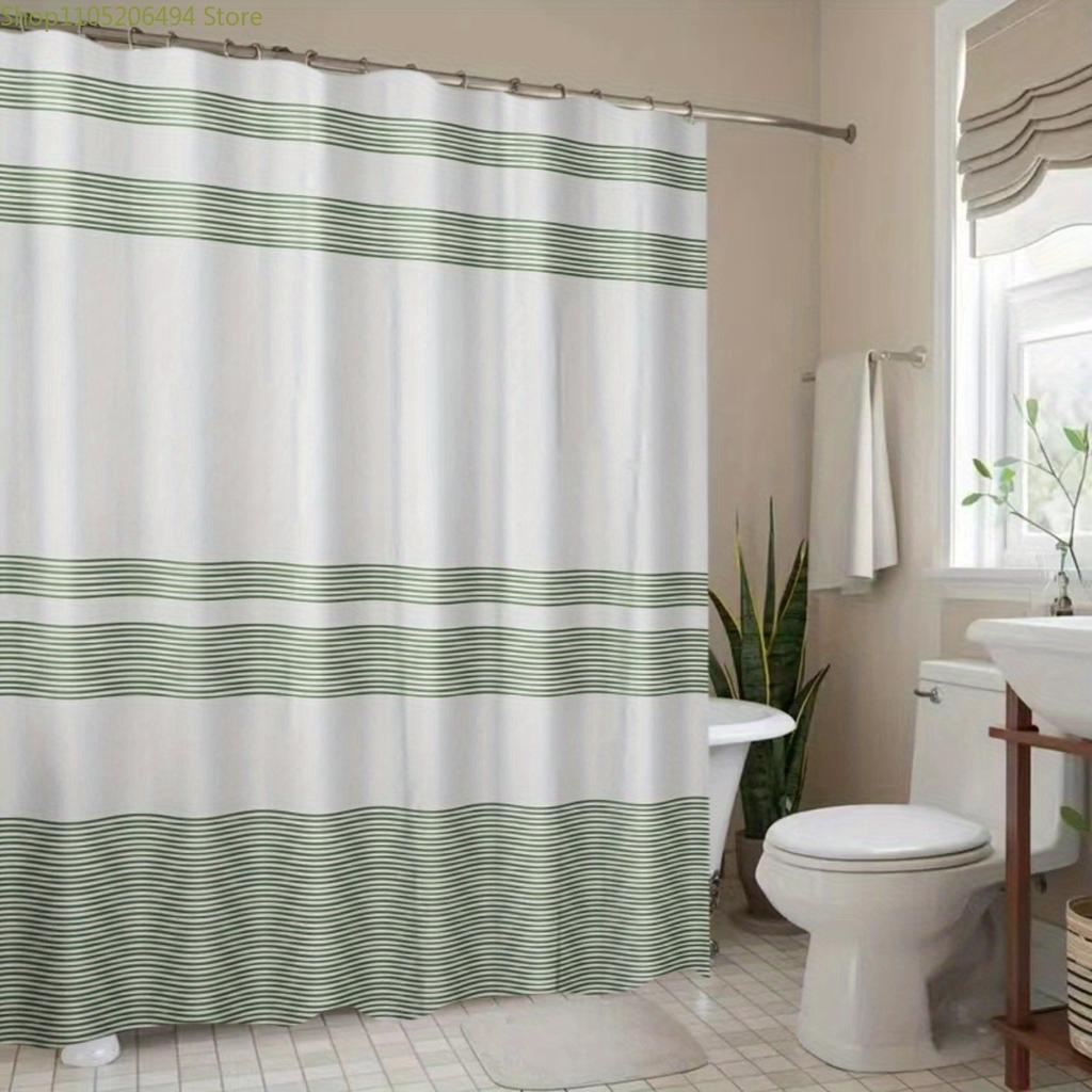 1pc Green Stripes on White Polyester Shower Curtain - Machine Washable Bathroom Decor with Hooks, Modern Minimalist Design for