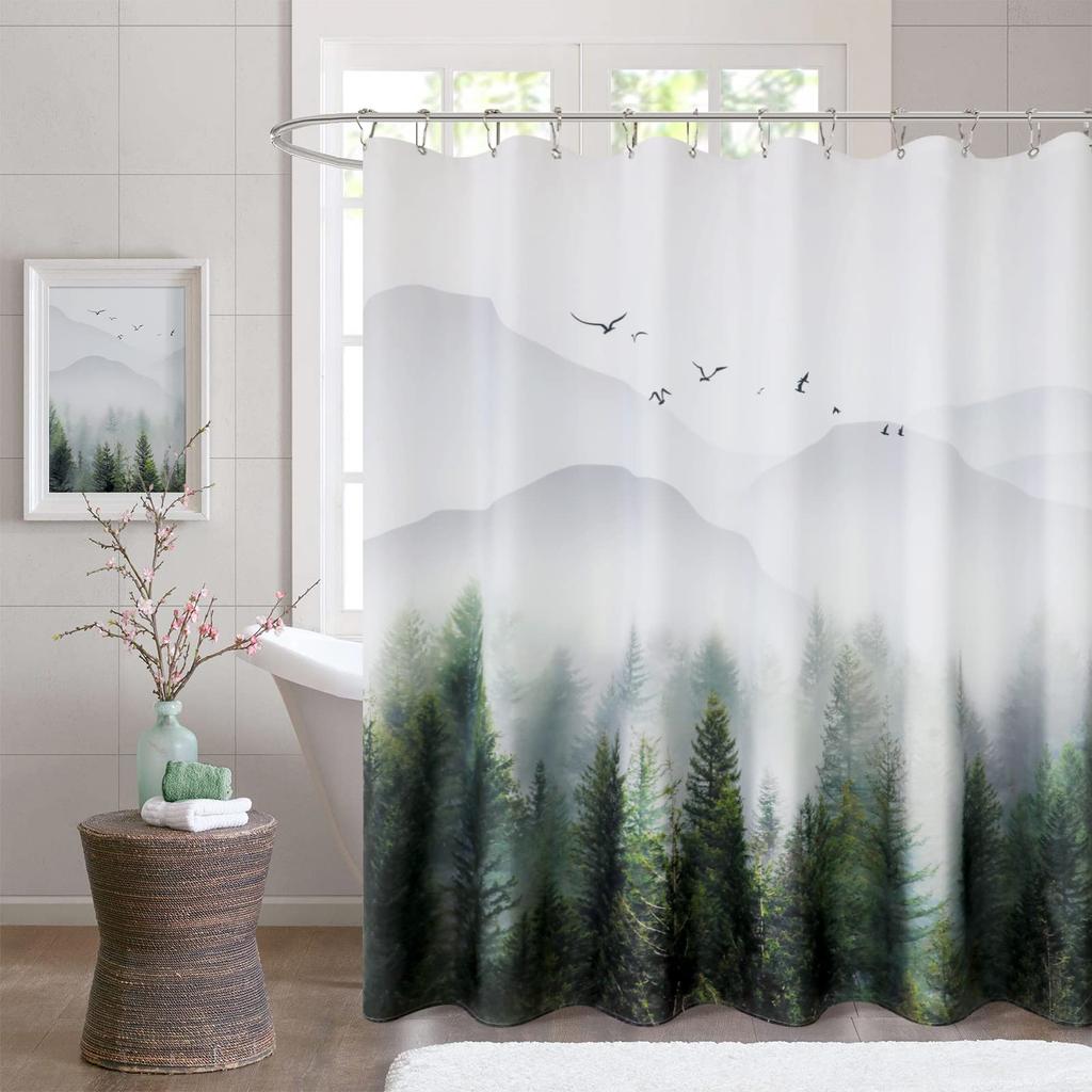 Misty Forest Woodland Shower Curtains Nature Shower Curtain Fall Shower Curtain Waterproof Polyester Fabric Home Decor with Hook