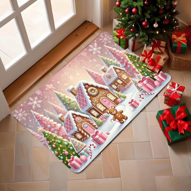 Rosa Lebkuchenhaus Fußmatte Plüsch Weicher Teppich, Zuckerstange Schneeflocke Design Maschinenwaschbar Türteppich für Winterdekoration