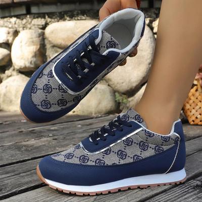 Printed Splicing Lace Up Sneakers Women 2025 Autumn Round Toe Wedge Heel Shoes Soft Sole Non Slip Running Sneakers