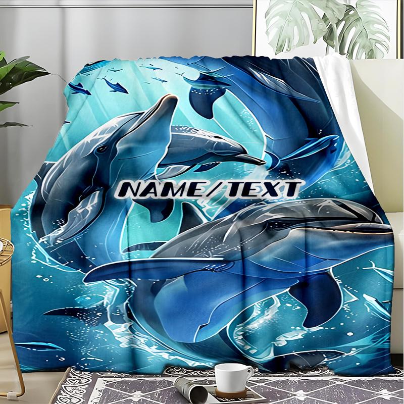 1PC Custom Name Ocean Dolphins Adventure Outdooor Flannel Blankets Throw Blanket All-Season Throw Gift Bedspread for Couch, Bed, Camping Holiday Birth