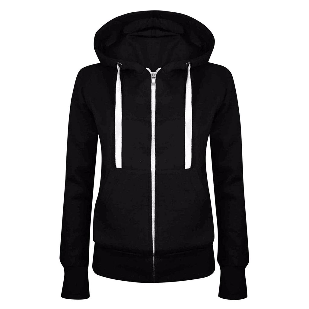 Women's Fashionable Solid Color Long Sleeved Hooded Pocket Zipper Casual Sweatshirt Jacket