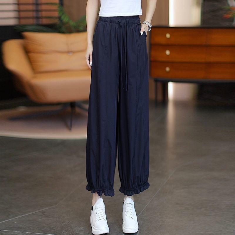 Women's High Waist Ruffle Hem Lantern Pants Summer Ultra Thin Breathable Drawstring Loose Cropped Bloomers Casual Trousers