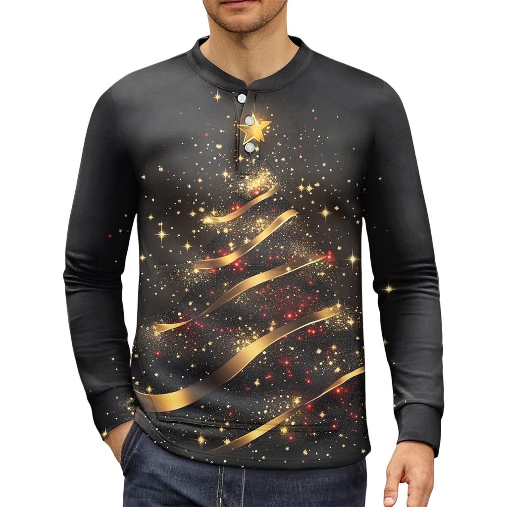 Men's Casual Button-Down Sweatshirt Fashion Printed Long Sleeve Shirt Pullover