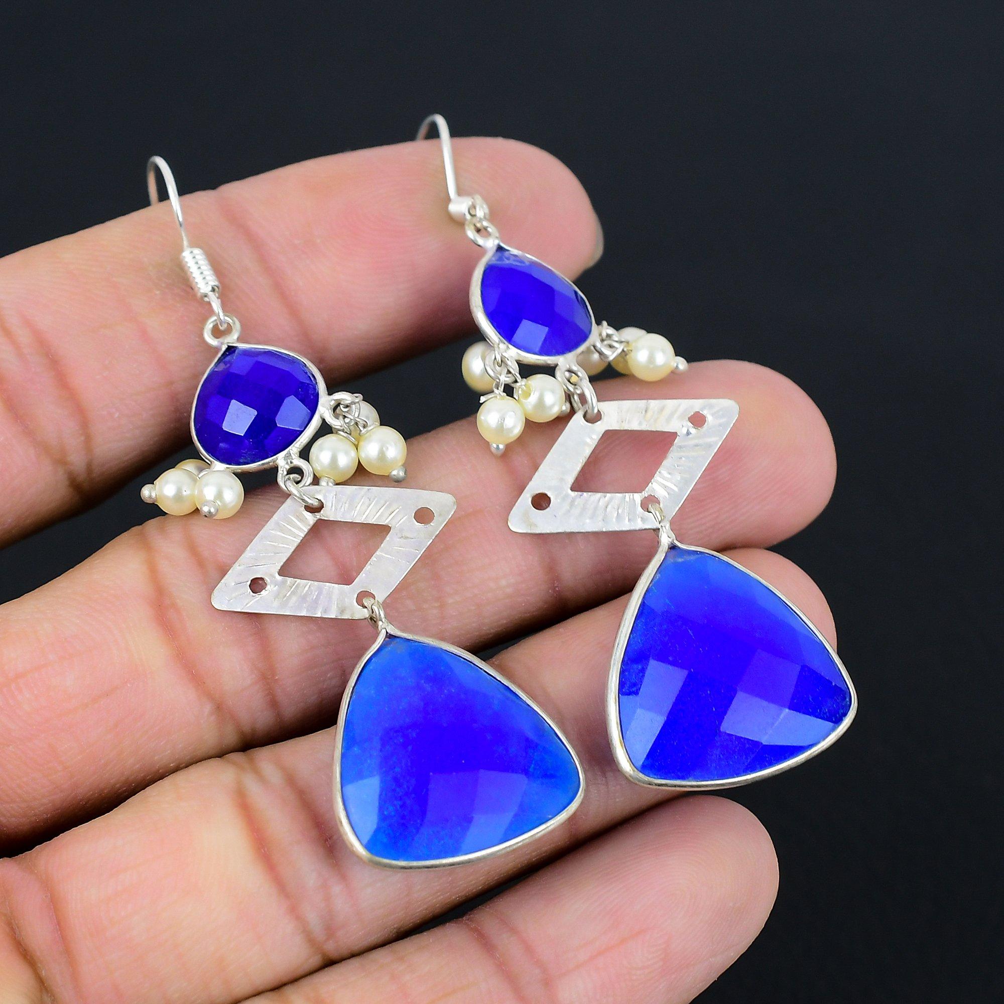 

925 Silver Trillion Blue Sapphire Gemstone Drop Hook Daughter Earrings Jewelry