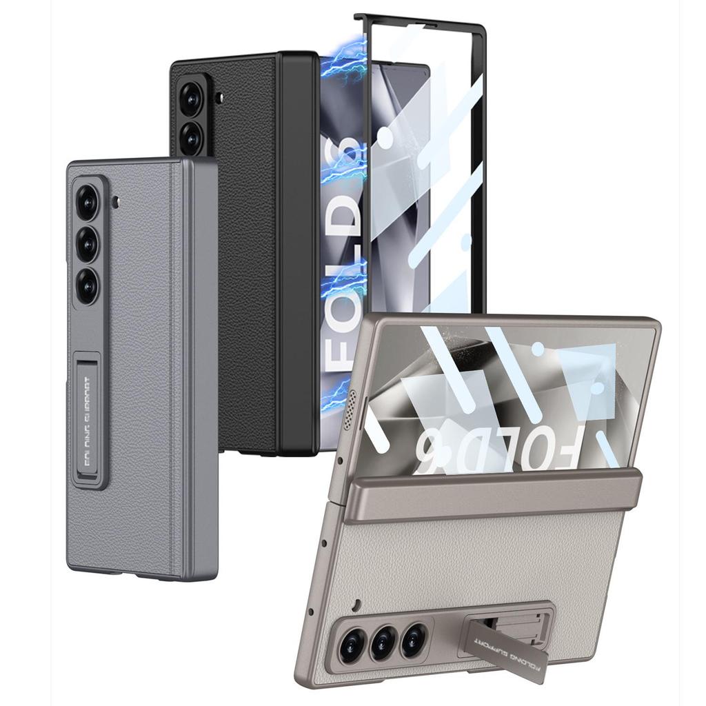 Samsung Z Fold6 Case: Plain Leather, Magnetic Hinge, Integrated Screen Protector, Creative Cross-Border Design