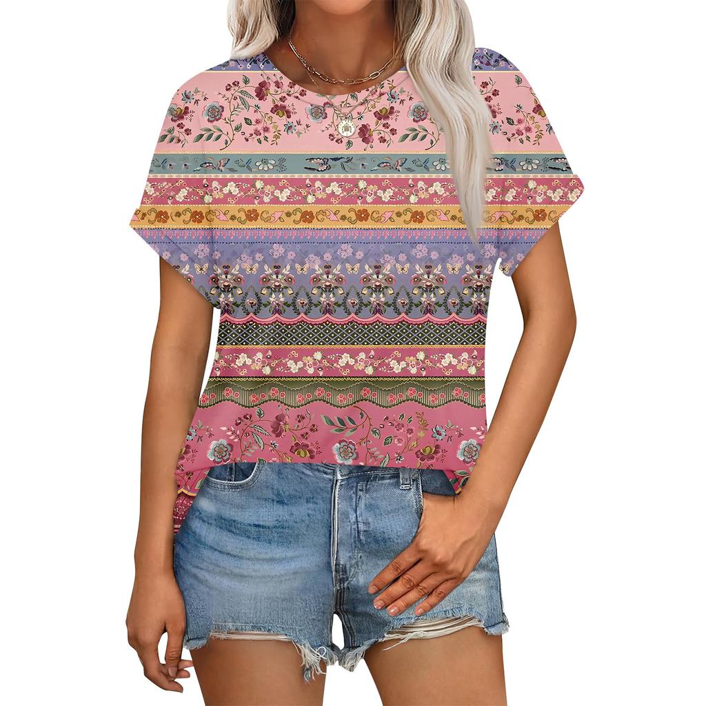 Damen Casual Mode Rundhals Umgeschlagener Saum Kurzarm Blumenoberteil