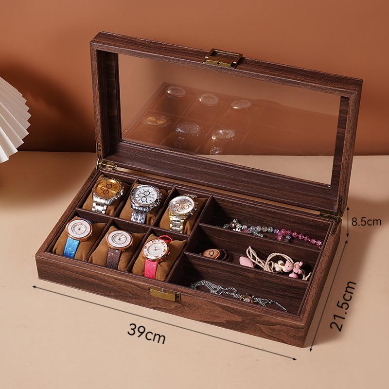 Exquisite Vintage Wood Grain Leather Watch Box with Dustproof Glass Lid for Wristwatch Display and Storage.