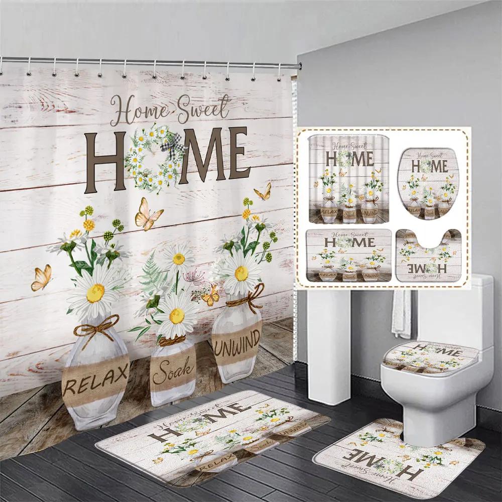 Tulip Flower Basket Rustic Wood Panel Shower Curtain And Rug Bathroom Set Home Washable Hanging Curtain Bath Mats Bathroom Decor