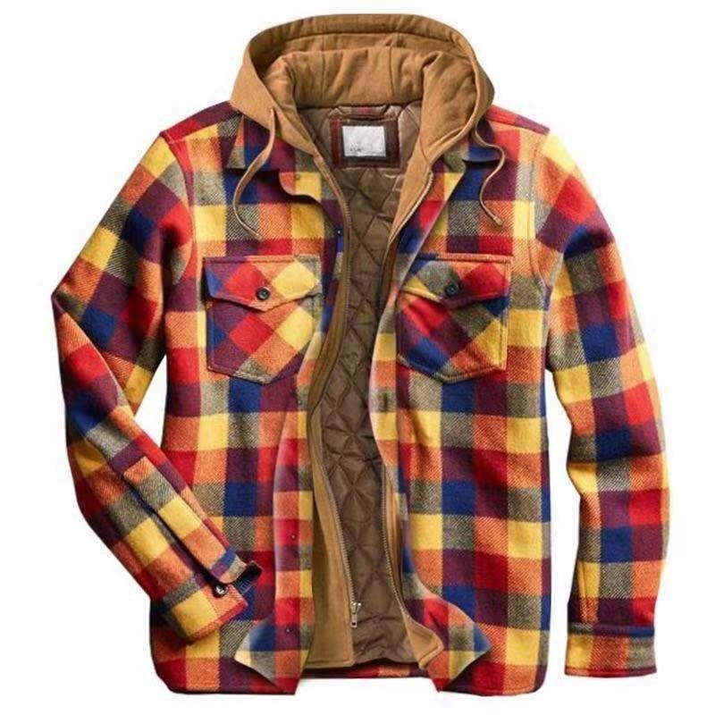 Men's Clothing European and American Autumn and Winter Thickened Cotton-padded Plaid Long-sleeved Loose Hooded Jacket
