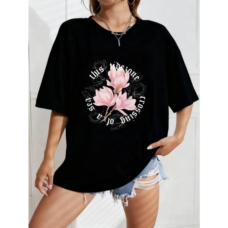 

White Oversized T Shirt With Pink Magnolia Flower And This Tidesome Life Quote For Casual Wear XXXXL чорний