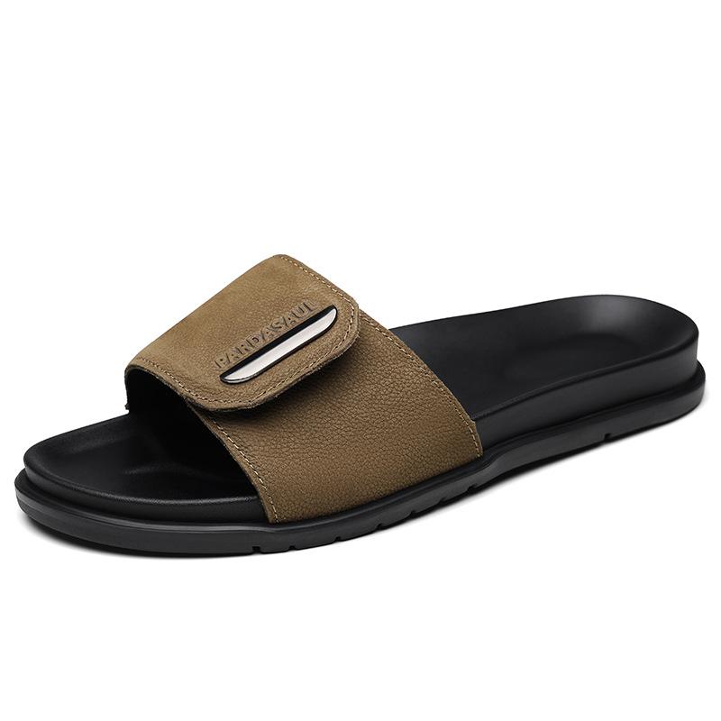 

Summer new outer wear leather one-word drag men s Velcro sandals non-slip deodorant leather slippers men s beach shoes 44