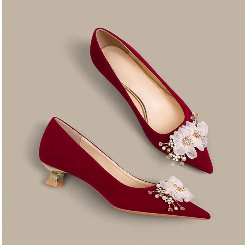Red Pointed Shallow Mouth High Heels  Suede Women's Stiletto Heel Bridal Shoes Soft Comfort Solid Pearl Wedding Single Shoes