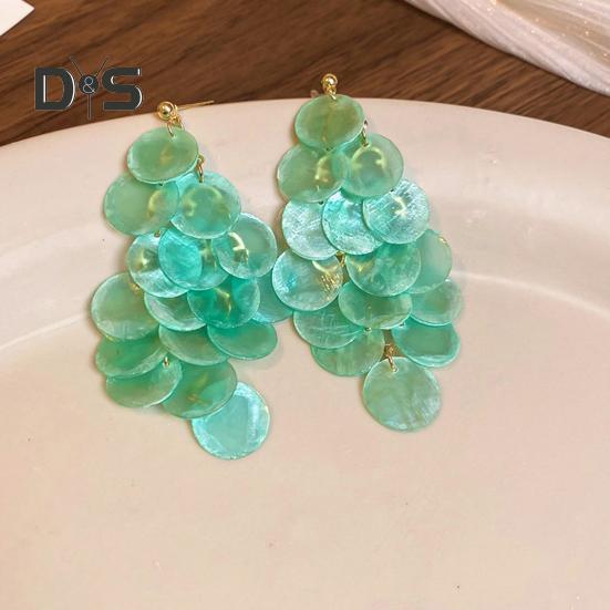 1 Pair Long Style Multi-Layer Drop Earrings Translucent Metal Needle Design Artificial Crystal Shell Tassel Earrings