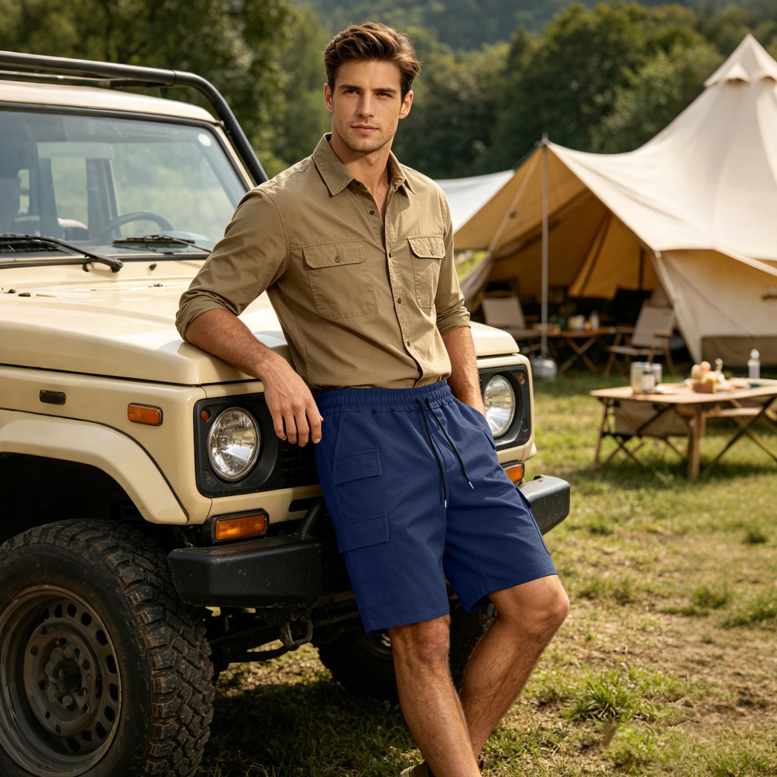 Men s Casual Loose Fit Multi Pocket Cargo Shorts Elastic Waistband Drawstring Outdoor Workwear Shorts M тёмно-синий