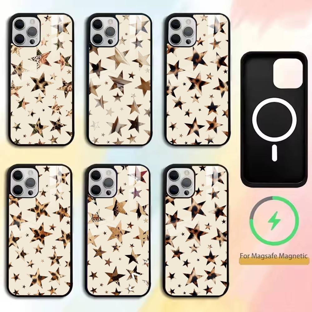 Trendy Leopard Print Star Pattern Phone Case For iPhone17,16,15,14,13,12,11 Plus,Pro Magnetic For Magsafe Wireless Charging