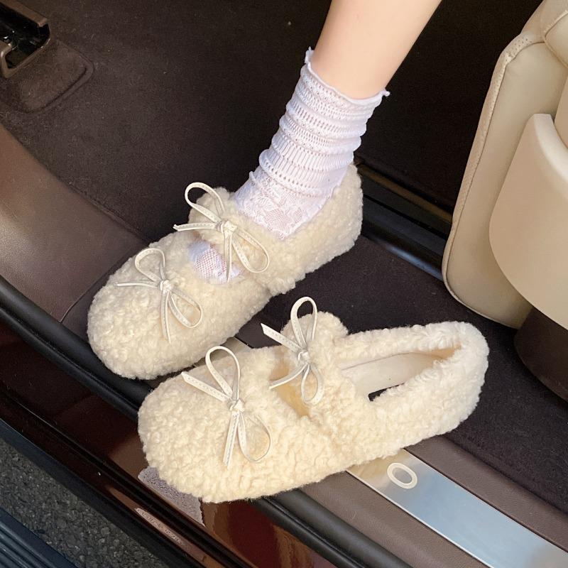Sweet Bow Flat-bottomed Lamb Wool Velvet Cotton Shoes for Women, New Winter Wear Warm Wool Shoes