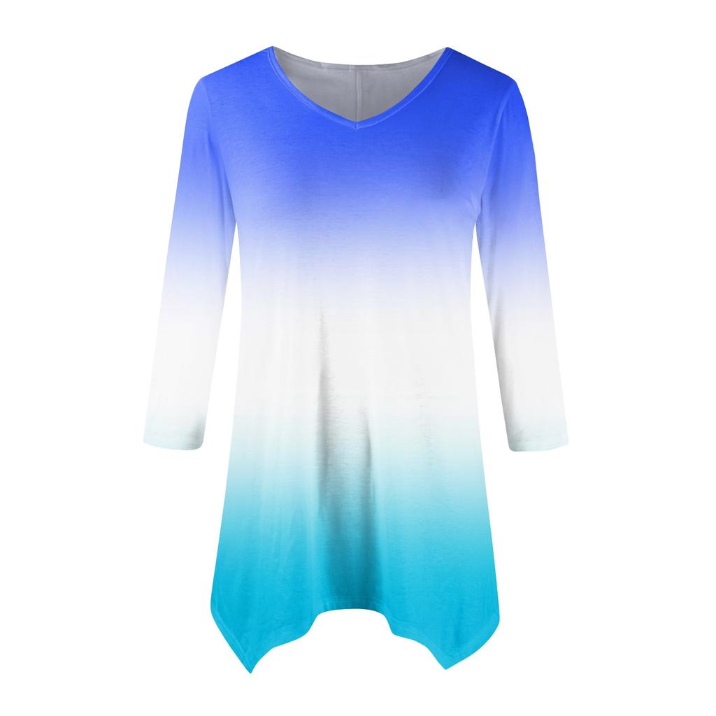 Women's Fashion Casual V-neck Gradual Print Seven-point Sleeve Shirt Belted Loose Comfortable Top