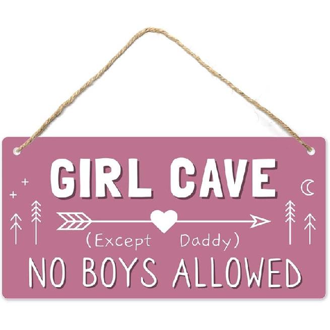 Girl Cave Sign, Teen Girls Room Decor, 12 * 6 Wall Hanging Decoration, Girls Only No Boys Allowed Except Daddy for Little Girls Bedroom Girls