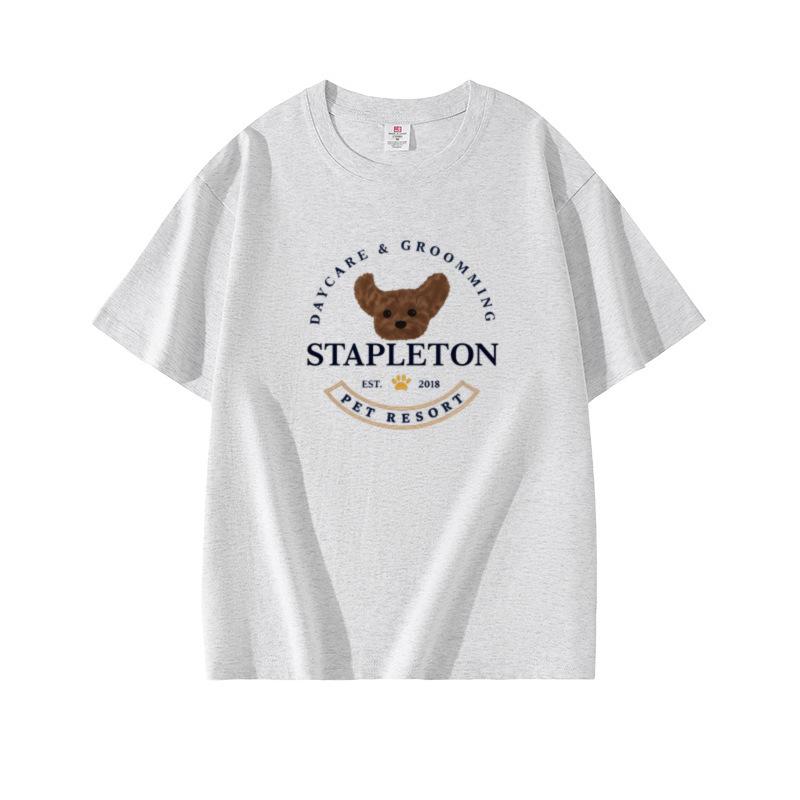 White gray round neck cotton short-sleeved T-shirt women s summer American cartoon bear print casual loose top S