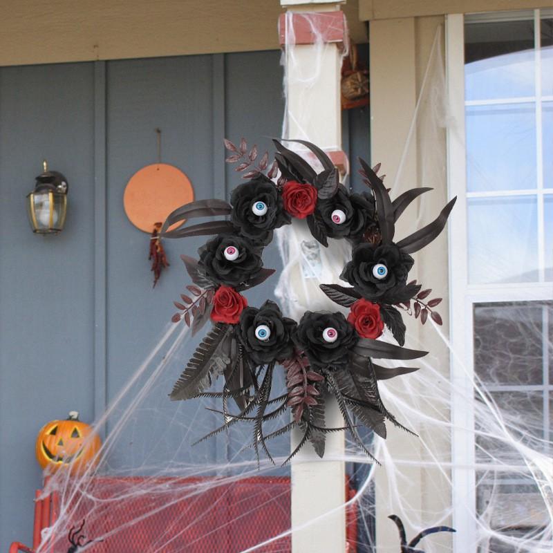 Halloween Decorative Wreath With Fake Roses Eyeballs Dried Branches Door Hanging Horror Party Prop
