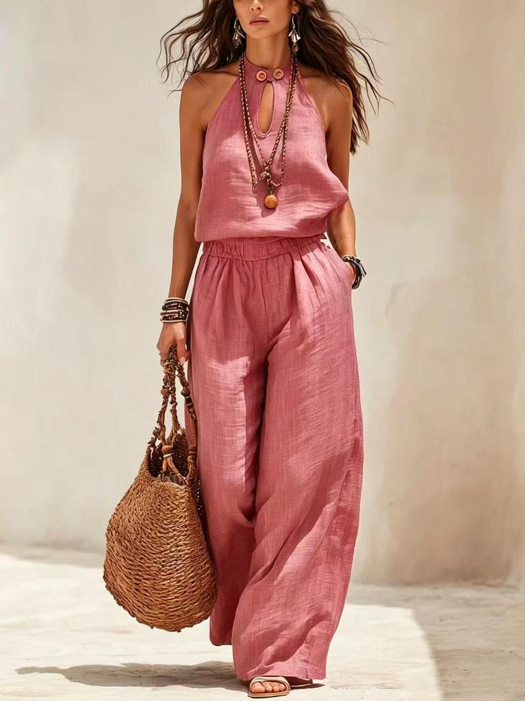 New summer European and American cross-border independent station Amazon women's wide-leg fashion cotton and linen sleeveless neck jumpsuit