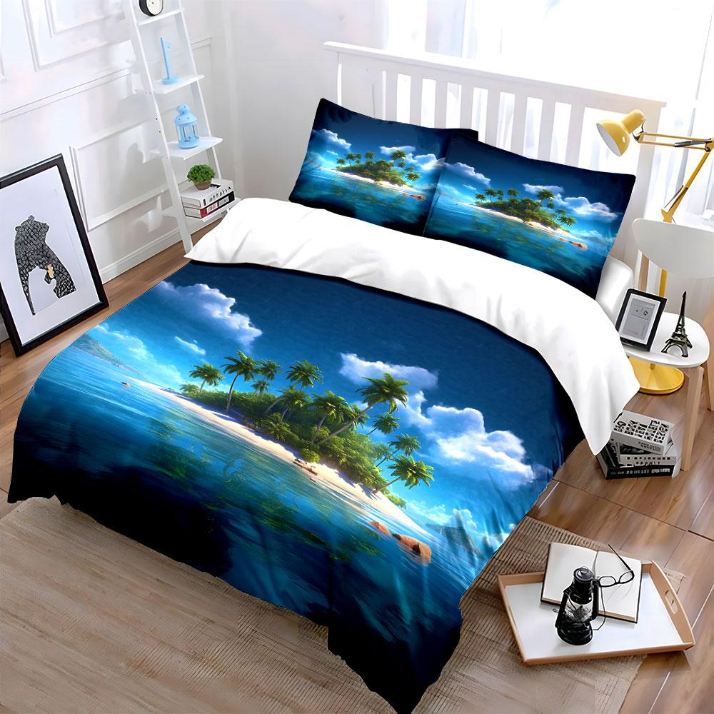 Tropical Palm Island with Blue Water Print Bedding Set 1Duvet Cover 2Pillowcases for Adult and Children Luxury Gift Full Size