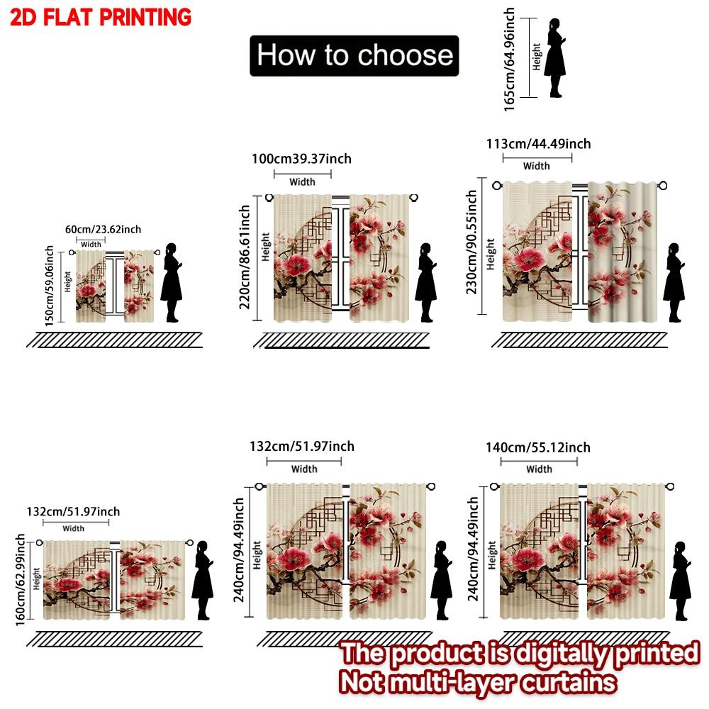 Set Of 2 Red Floral Chinese Lattice Curtains Oriental Pattern Blossoms Branches Asian Style Bedroom Classic Made Polyester Sleeping Area Window