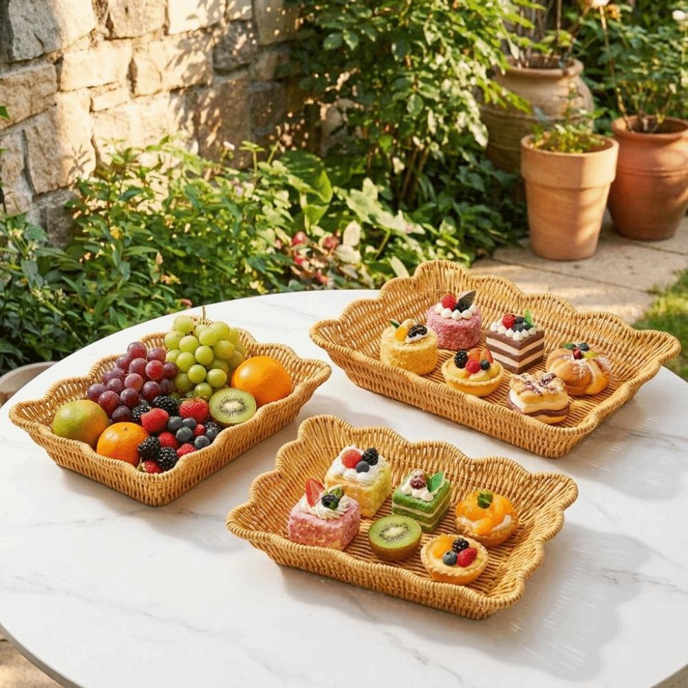Plastic Hand Woven Storage Basket Rectangular Bread Storage Tray Durable Fruit Plate Picnic
