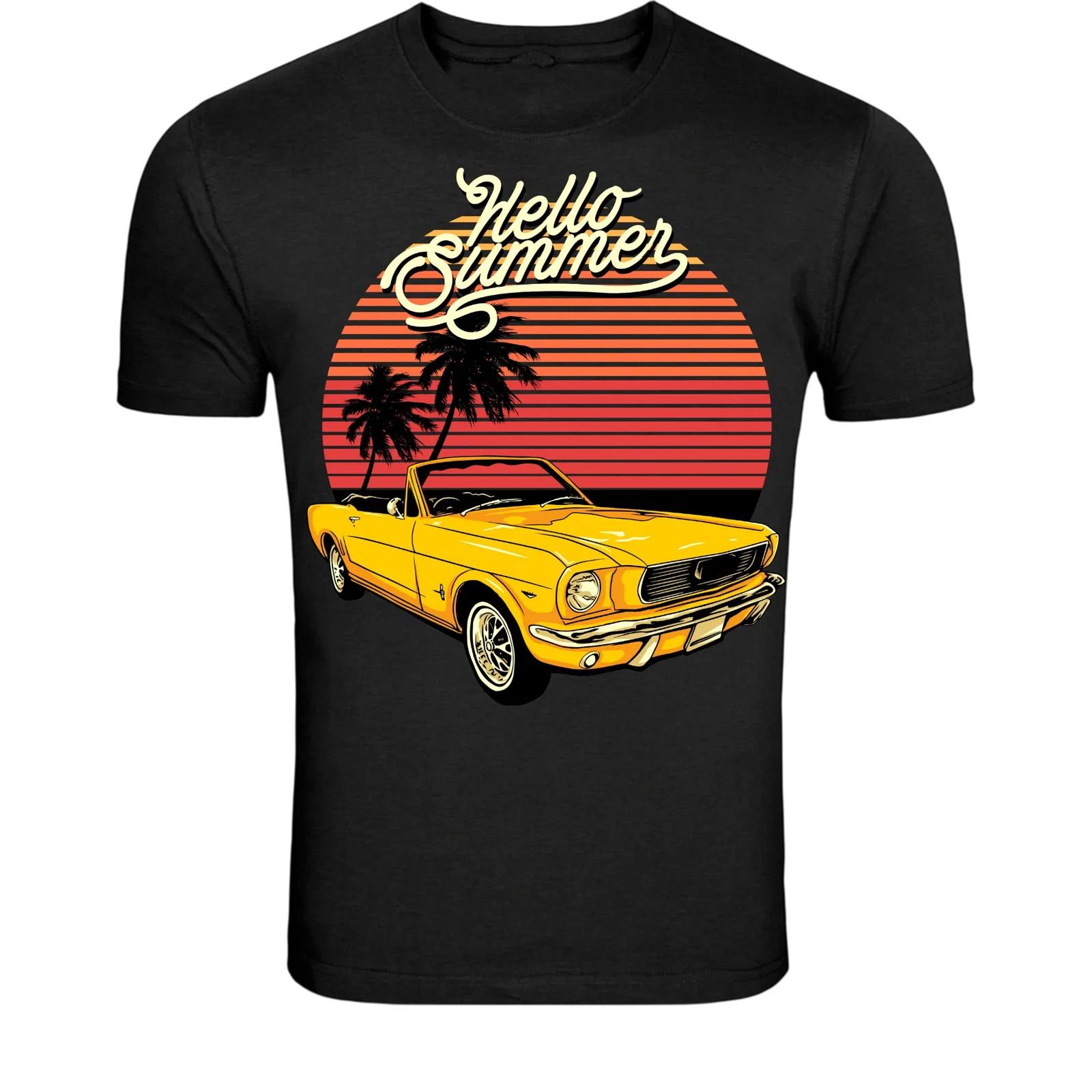 Hello Summer Classic Car T-Shirt - Retro Mustang Sunset Graphic L