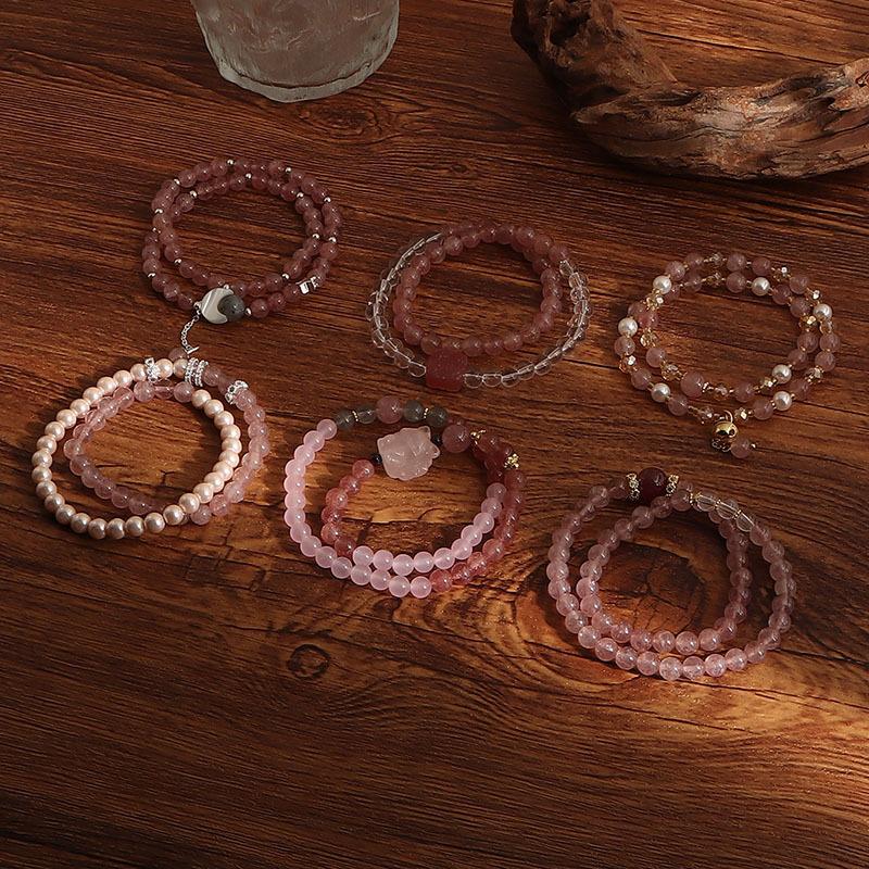 Natural powder crystal strawberry crystal double circle bracelet DIY handmade round beads wholesale natural crystal bracelet popular jewelry